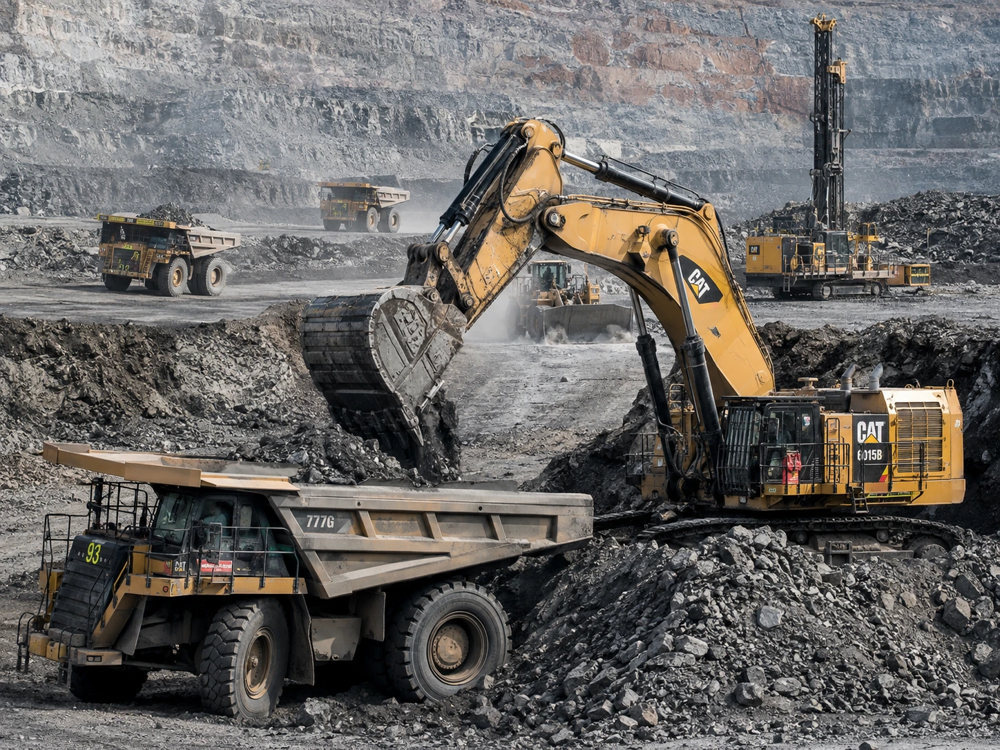Bright excavator loading haul truck in an active quarry