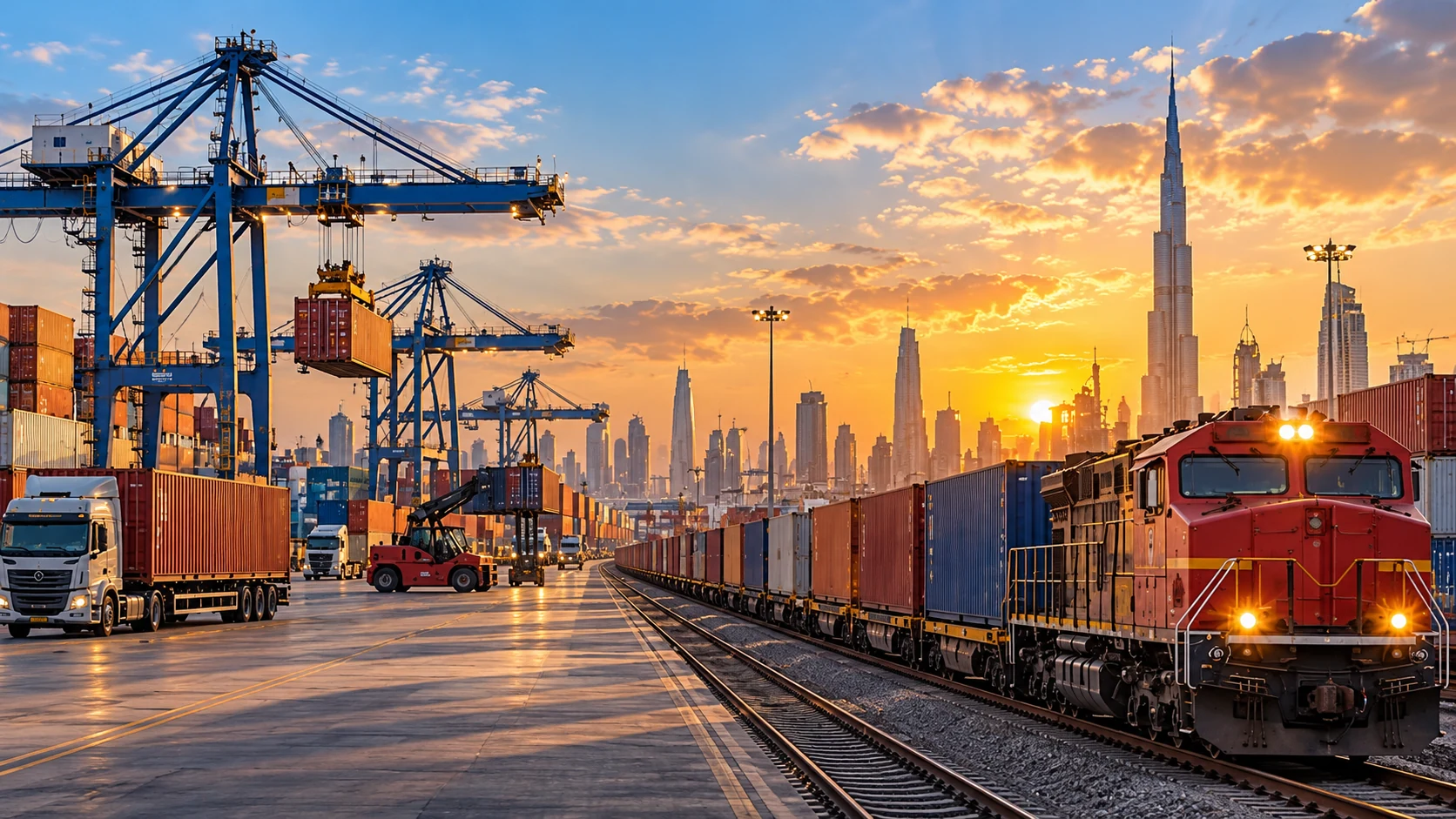 Freight forwarding train containers cranes with Burj Khalifa in Dubai skyline at sunset