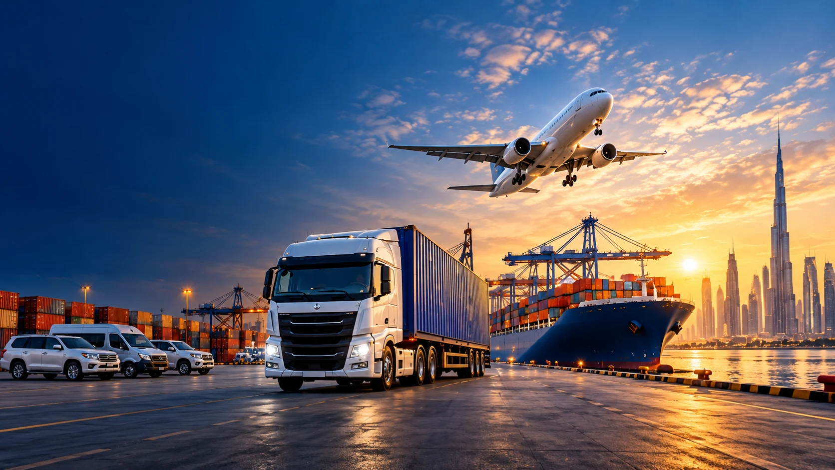 Cargo ship, freight truck, passenger aircraft and Dubai skyline